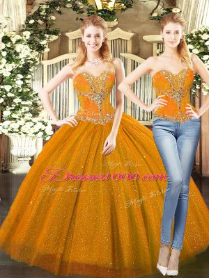 Ball Gowns Quinceanera Gown Orange Red Sweetheart Tulle Sleeveless Floor Length Lace Up