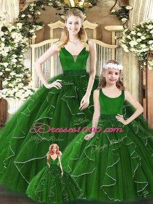 Edgy Floor Length Green Vestidos de Quinceanera Organza Sleeveless Beading and Ruffles