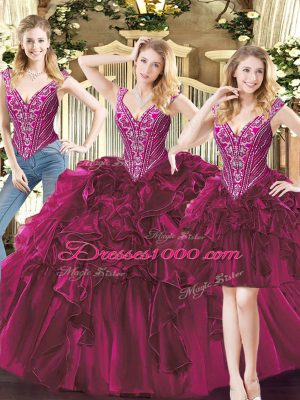 Floor Length Fuchsia Ball Gown Prom Dress Organza Sleeveless Beading and Ruffles
