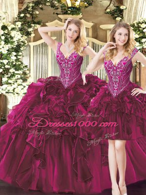 Floor Length Fuchsia Ball Gown Prom Dress Organza Sleeveless Beading and Ruffles