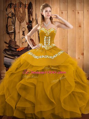 Clearance Gold Organza Lace Up Sweetheart Sleeveless Floor Length Quinceanera Dress Embroidery and Ruffles