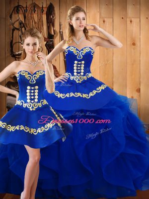 Discount Blue Lace Up Vestidos de Quinceanera Embroidery and Ruffles Sleeveless Floor Length