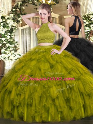 Olive Green Sleeveless Organza Backless Sweet 16 Dress for Military Ball and Sweet 16 and Quinceanera