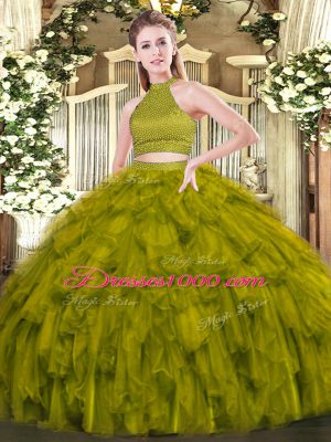 Olive Green Sleeveless Organza Backless Sweet 16 Dress for Military Ball and Sweet 16 and Quinceanera