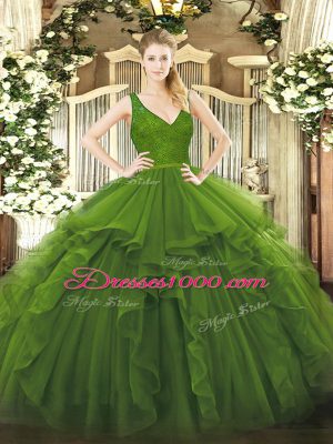 Sweet Organza V-neck Sleeveless Zipper Ruffles 15th Birthday Dress in Olive Green