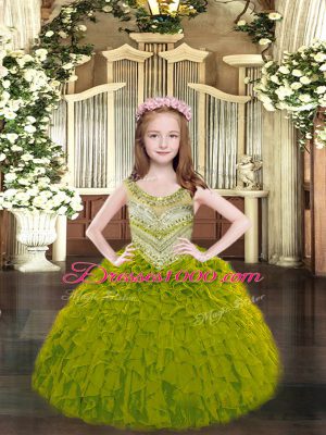 Organza Scoop Sleeveless Lace Up Beading and Ruffles High School Pageant Dress in Olive Green