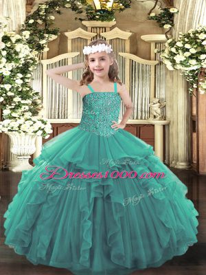 Wonderful Floor Length Ball Gowns Sleeveless Turquoise Little Girl Pageant Gowns Lace Up