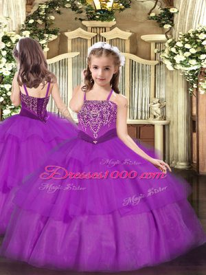 Purple Sleeveless Floor Length Beading and Ruffled Layers Lace Up Little Girls Pageant Gowns