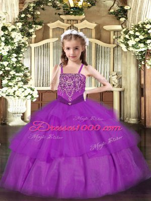 Purple Sleeveless Floor Length Beading and Ruffled Layers Lace Up Little Girls Pageant Gowns