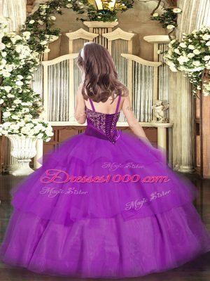 Purple Sleeveless Floor Length Beading and Ruffled Layers Lace Up Little Girls Pageant Gowns