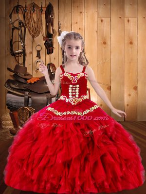 Red Ball Gowns Organza Straps Sleeveless Embroidery and Ruffles Floor Length Lace Up Womens Party Dresses