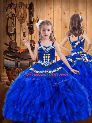 Royal Blue Organza Lace Up Little Girls Pageant Dress Wholesale Sleeveless Floor Length Embroidery and Ruffles