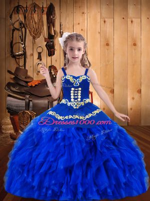 Royal Blue Organza Lace Up Little Girls Pageant Dress Wholesale Sleeveless Floor Length Embroidery and Ruffles