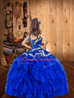 Royal Blue Organza Lace Up Little Girls Pageant Dress Wholesale Sleeveless Floor Length Embroidery and Ruffles
