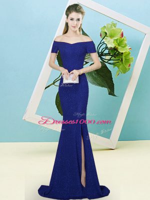 Unique Short Sleeves Sequined Sweep Train Zipper Prom Gown in Royal Blue with Sequins