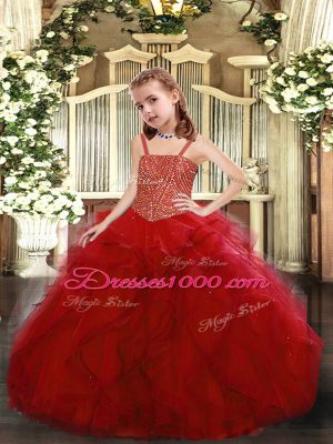 Lovely Red Ball Gowns Tulle Straps Sleeveless Beading and Ruffles Floor Length Lace Up Kids Formal Wear