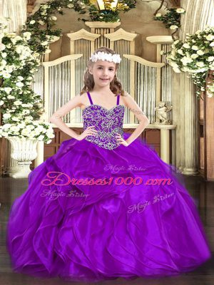Floor Length Purple Pageant Gowns For Girls Straps Sleeveless Lace Up