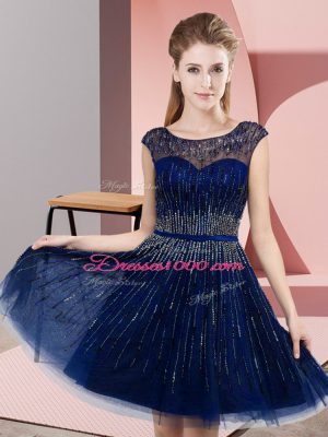 Graceful Scoop Sleeveless Prom Party Dress Knee Length Beading Royal Blue Tulle