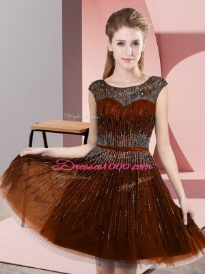 Tulle Scoop Sleeveless Backless Beading Prom Gown in Rust Red