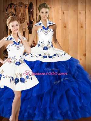 Blue And White Sleeveless Embroidery and Ruffles Floor Length Sweet 16 Dresses