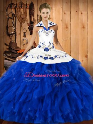 Glamorous Blue And White Lace Up Sweet 16 Dresses Embroidery and Ruffles Sleeveless Floor Length