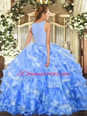 Blue Ball Gowns Organza Scoop Sleeveless Lace and Ruffled Layers Floor Length Clasp Handle Sweet 16 Dresses