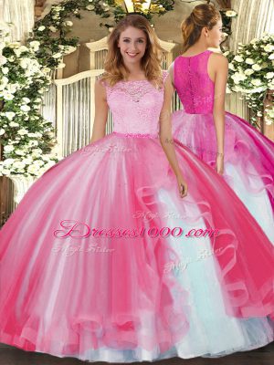 Custom Designed Hot Pink Sleeveless Floor Length Lace and Ruffles Clasp Handle 15th Birthday Dress
