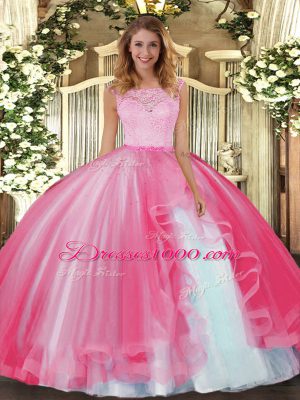 Custom Designed Hot Pink Sleeveless Floor Length Lace and Ruffles Clasp Handle 15th Birthday Dress