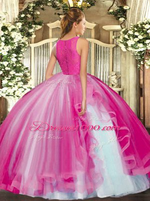 Custom Designed Hot Pink Sleeveless Floor Length Lace and Ruffles Clasp Handle 15th Birthday Dress