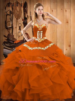 Colorful Rust Red Sleeveless Floor Length Embroidery and Ruffles Lace Up Quinceanera Gown