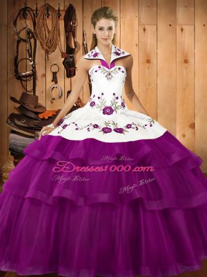 Eggplant Purple and White And Red Sleeveless Sweep Train Embroidery and Ruffled Layers 15th Birthday Dress