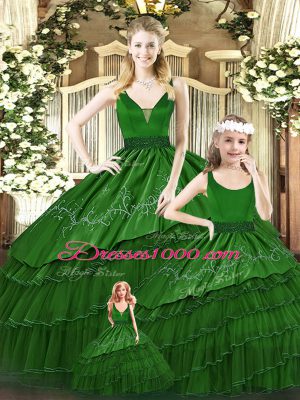 Fashionable Green Sleeveless Floor Length Beading and Embroidery and Ruffled Layers Lace Up Sweet 16 Dress