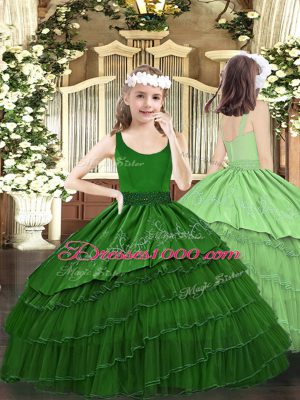 Fashionable Green Sleeveless Floor Length Beading and Embroidery and Ruffled Layers Lace Up Sweet 16 Dress