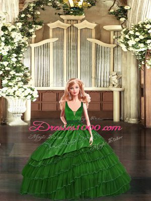 Fashionable Green Sleeveless Floor Length Beading and Embroidery and Ruffled Layers Lace Up Sweet 16 Dress