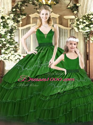 Fashionable Green Sleeveless Floor Length Beading and Embroidery and Ruffled Layers Lace Up Sweet 16 Dress