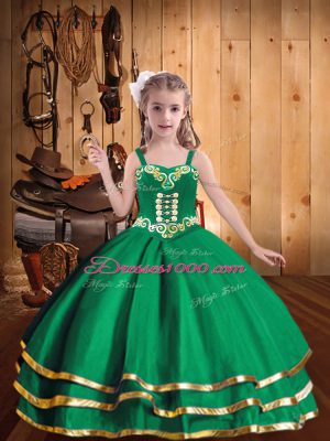 Cute Sleeveless Organza Floor Length Lace Up High School Pageant Dress in Green with Embroidery and Ruffled Layers