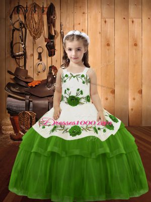 Fashionable Sleeveless Organza Floor Length Lace Up Kids Formal Wear in Olive Green with Embroidery and Ruffled Layers