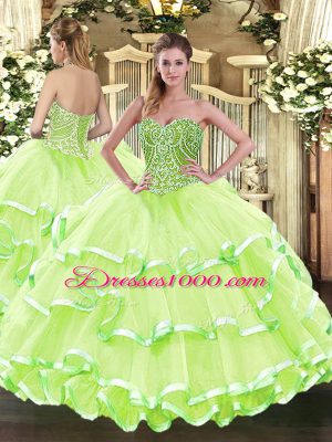 Modest Yellow Green Ball Gowns Beading and Ruffled Layers 15 Quinceanera Dress Lace Up Tulle Sleeveless Floor Length
