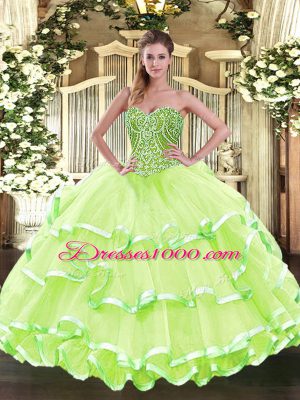 Modest Yellow Green Ball Gowns Beading and Ruffled Layers 15 Quinceanera Dress Lace Up Tulle Sleeveless Floor Length