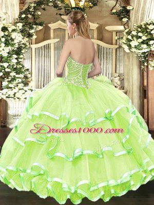 Modest Yellow Green Ball Gowns Beading and Ruffled Layers 15 Quinceanera Dress Lace Up Tulle Sleeveless Floor Length