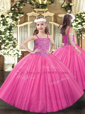 Customized Hot Pink Ball Gowns Tulle Sweetheart Sleeveless Beading Floor Length Lace Up Quinceanera Gowns