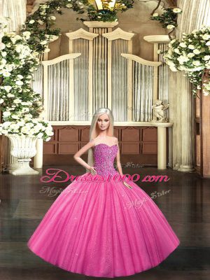 Customized Hot Pink Ball Gowns Tulle Sweetheart Sleeveless Beading Floor Length Lace Up Quinceanera Gowns