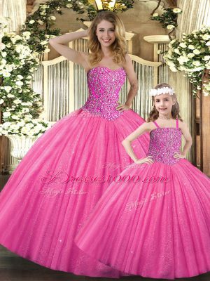 Customized Hot Pink Ball Gowns Tulle Sweetheart Sleeveless Beading Floor Length Lace Up Quinceanera Gowns