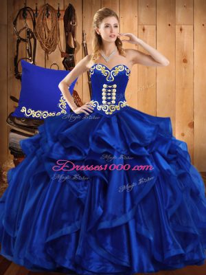 Luxurious Royal Blue Sweetheart Neckline Embroidery and Ruffles Sweet 16 Quinceanera Dress Sleeveless Lace Up