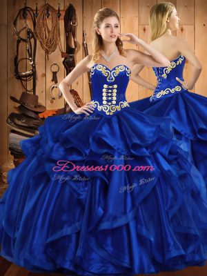 Luxurious Royal Blue Sweetheart Neckline Embroidery and Ruffles Sweet 16 Quinceanera Dress Sleeveless Lace Up