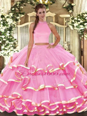 Dazzling Rose Pink Backless Sweet 16 Dresses Beading and Ruffled Layers Sleeveless Floor Length