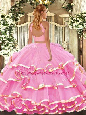 Dazzling Rose Pink Backless Sweet 16 Dresses Beading and Ruffled Layers Sleeveless Floor Length