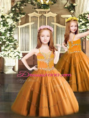 Fancy Floor Length Orange Little Girl Pageant Dress Spaghetti Straps Sleeveless Lace Up