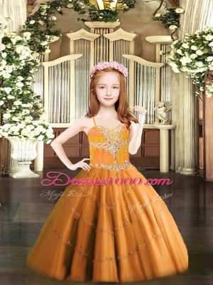 Fancy Floor Length Orange Little Girl Pageant Dress Spaghetti Straps Sleeveless Lace Up