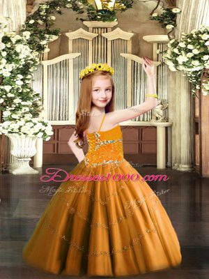 Fancy Floor Length Orange Little Girl Pageant Dress Spaghetti Straps Sleeveless Lace Up